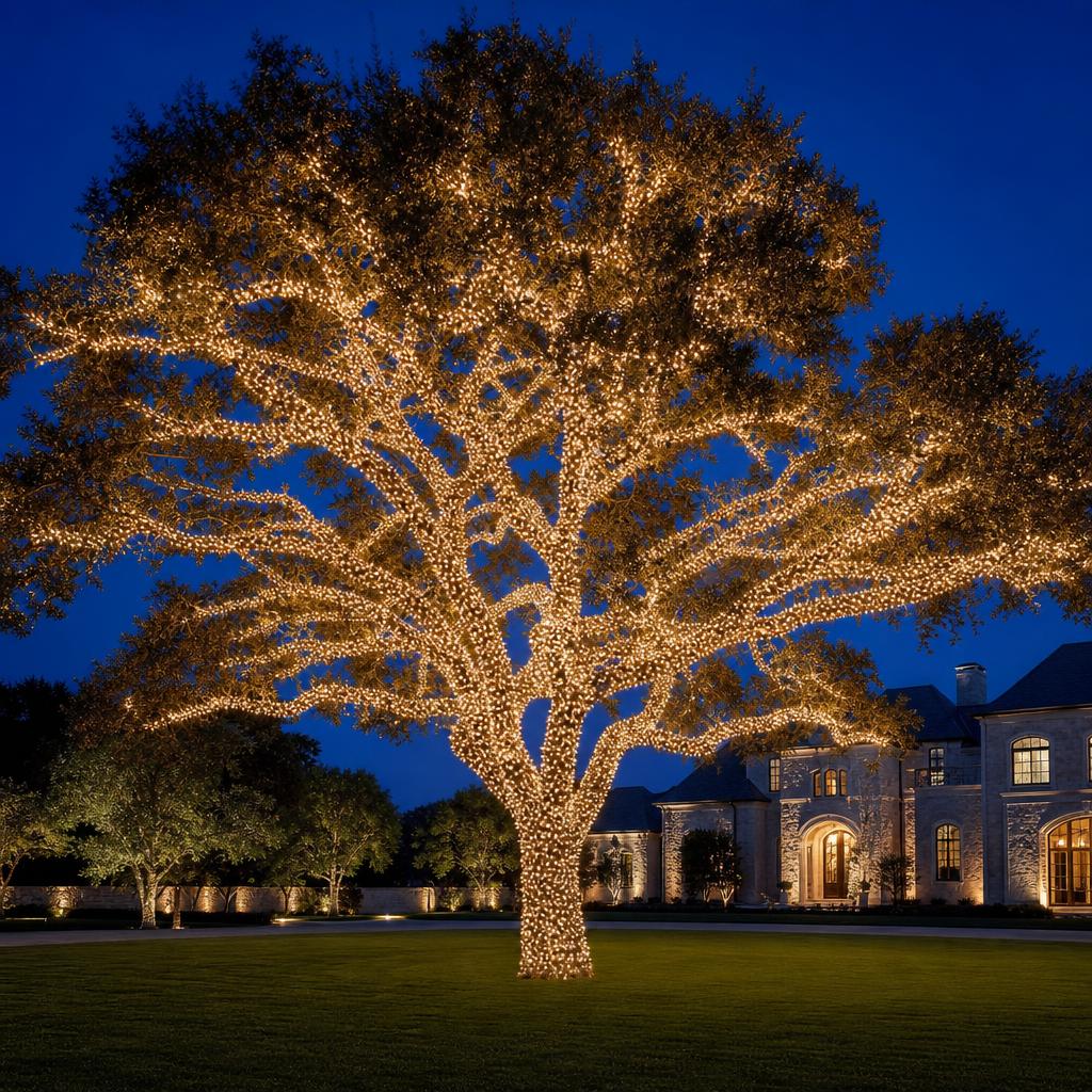 Mature tree wrapped in warm white lights on a Madeira property