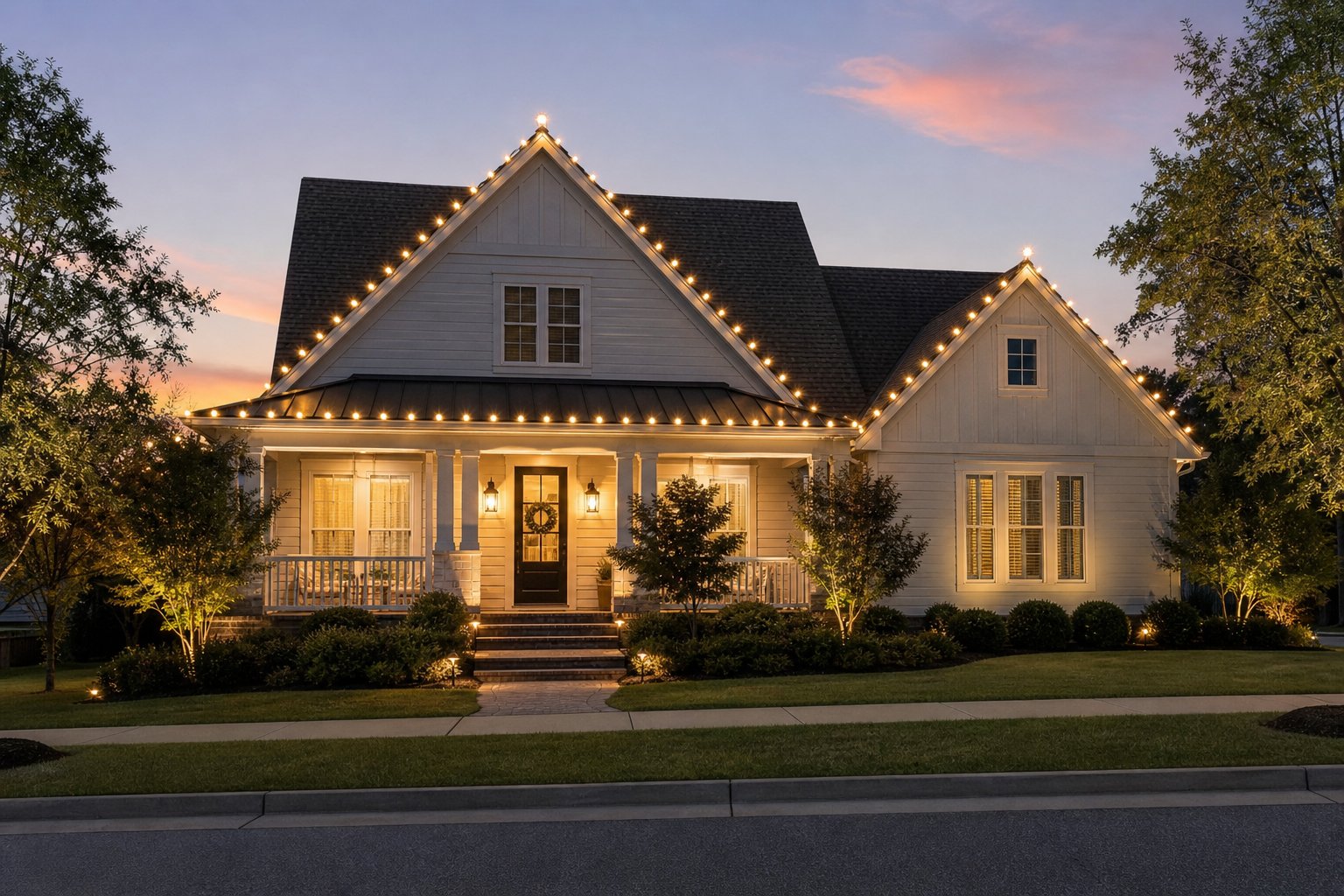 Two-story estate at night with perfectly straight, evenly spaced warm white C9 roofline lighting