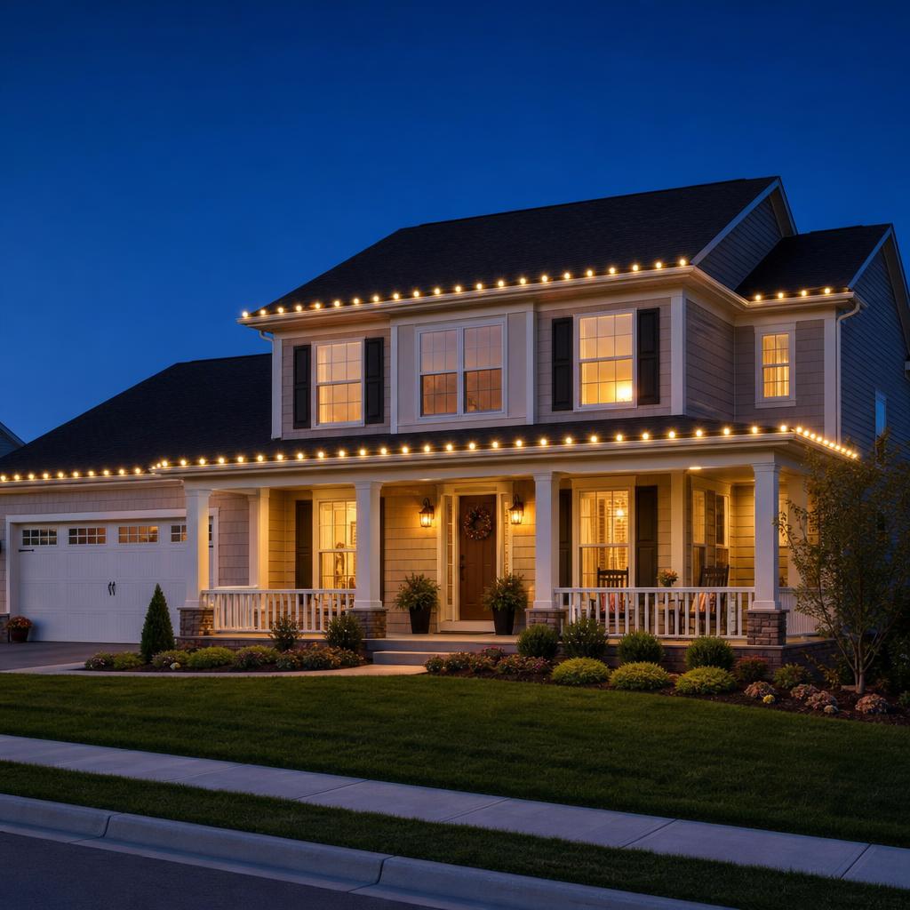 Craftsman estate at blue hour with perfectly straight, evenly spaced warm white C9 roofline lighting