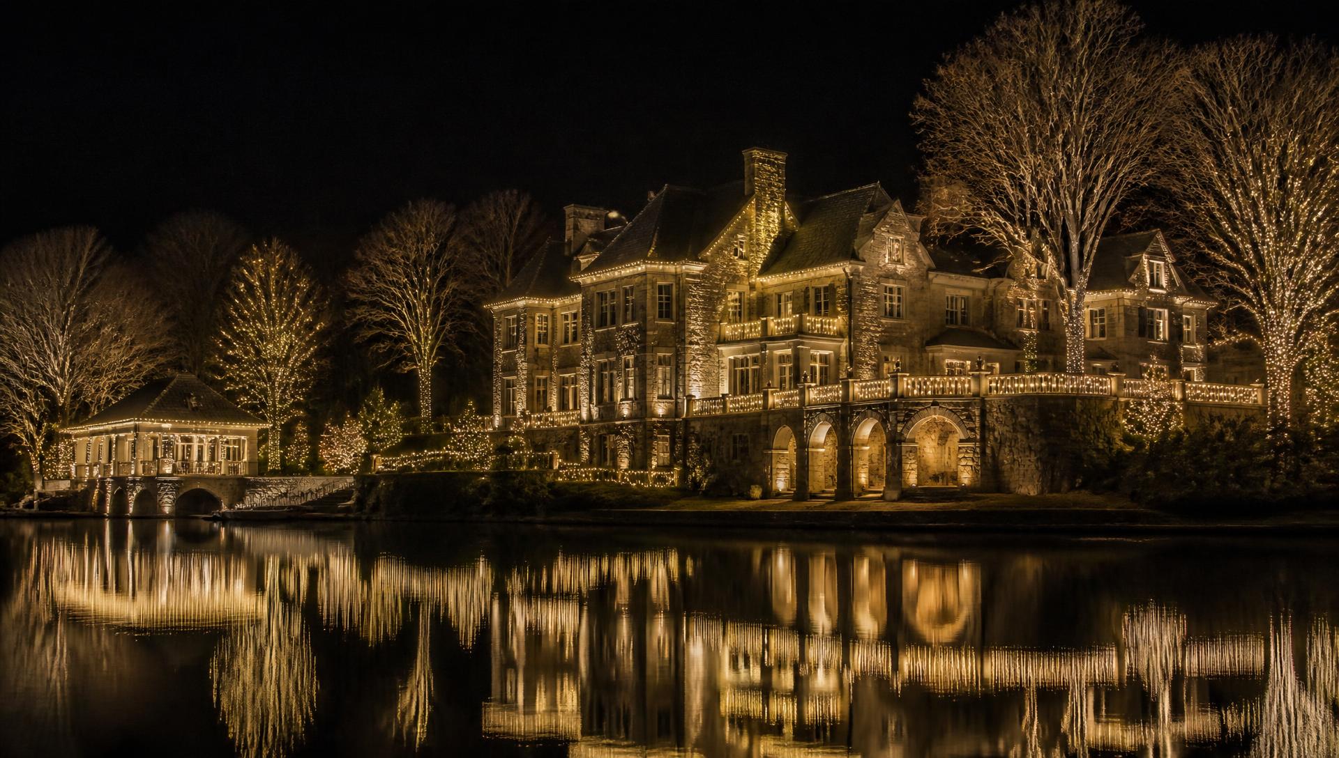 Lakeside estate illuminated at night