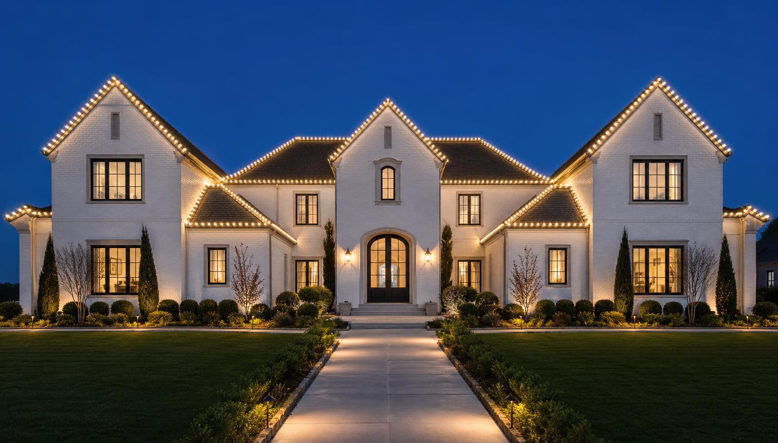 Roofline and dormers of a luxury home in warm white lighting