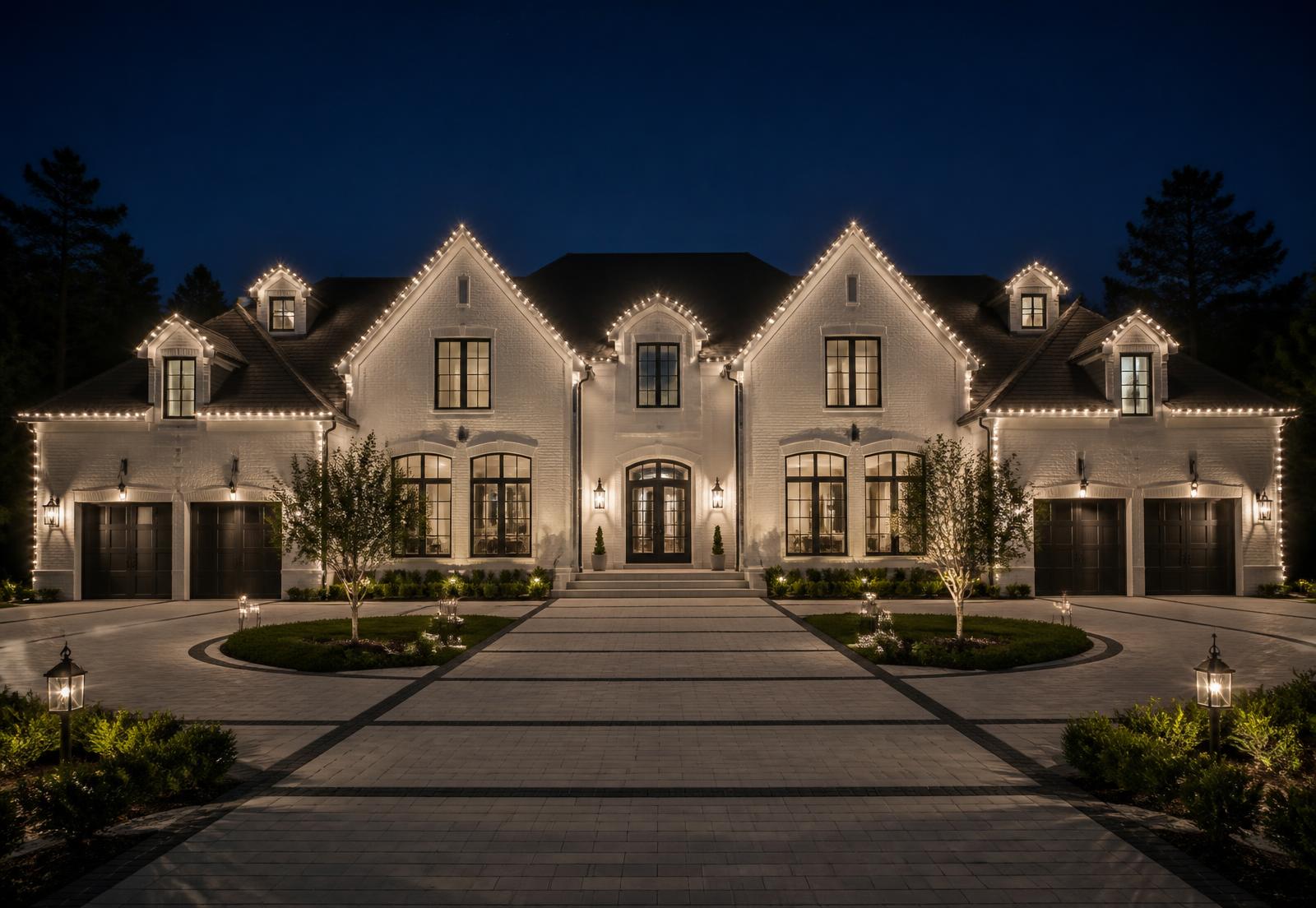 Roofline and dormers of a luxury home in warm white lighting