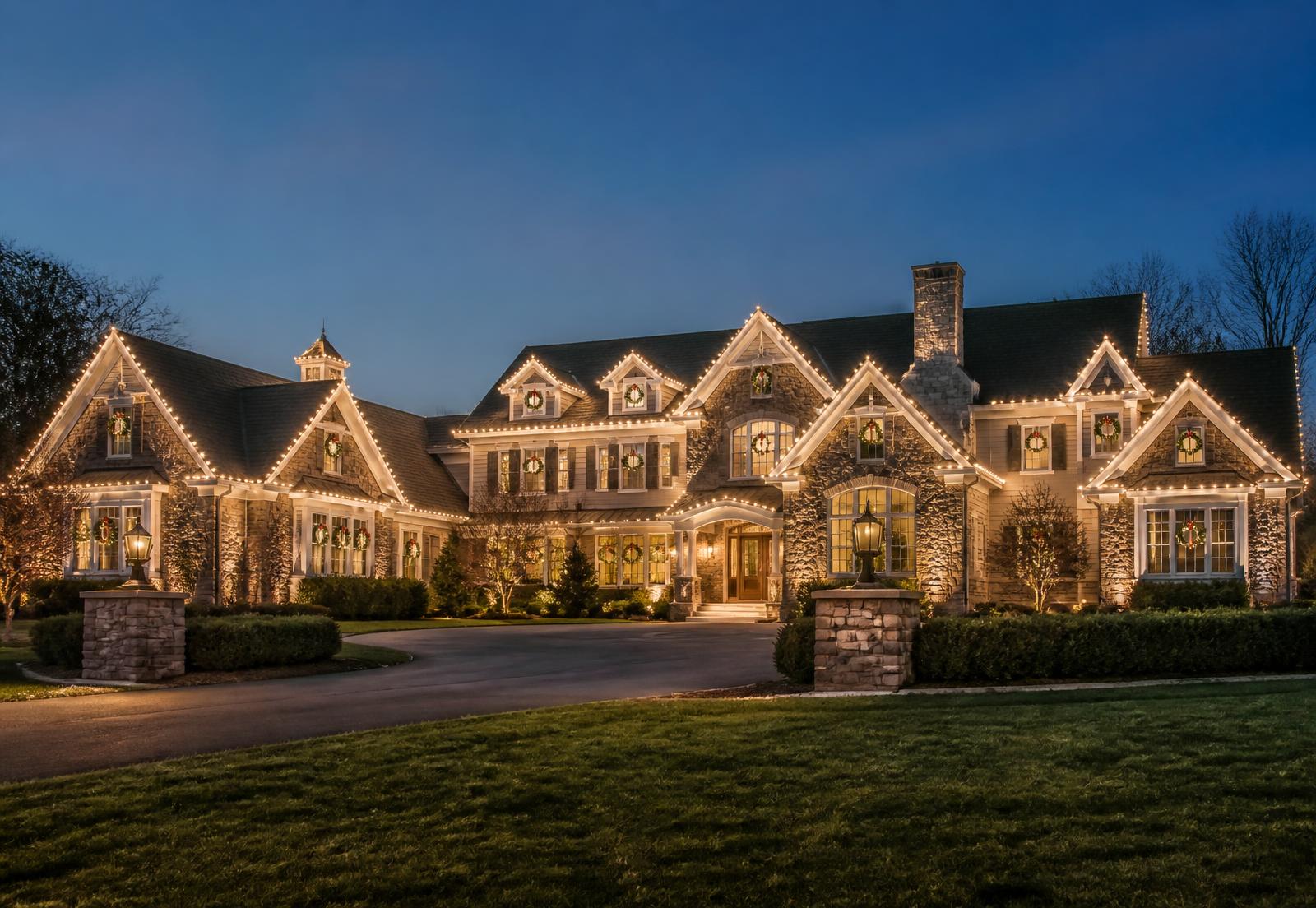 Traditional stone estate illuminated for the holidays