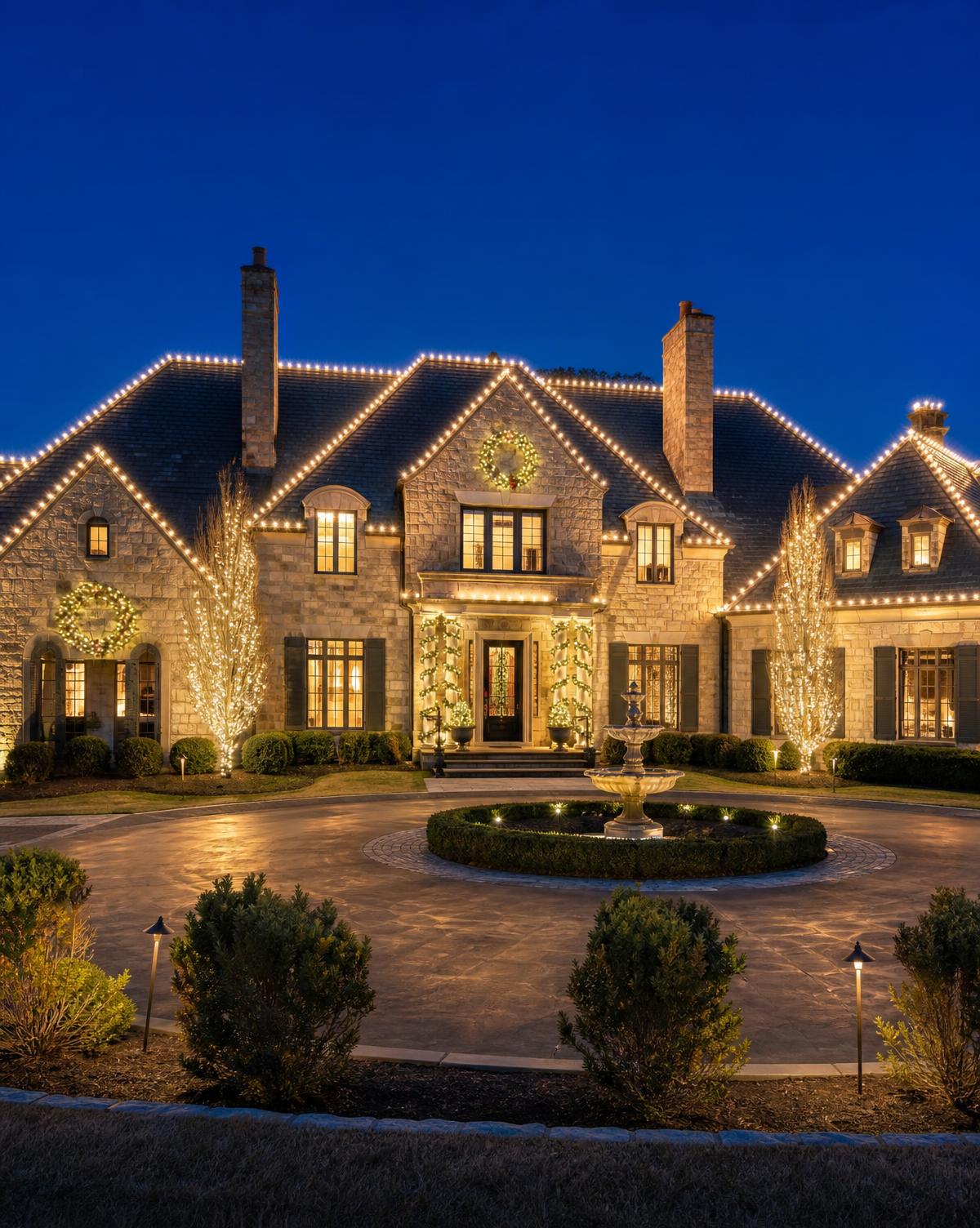 Traditional stone estate illuminated for the holidays