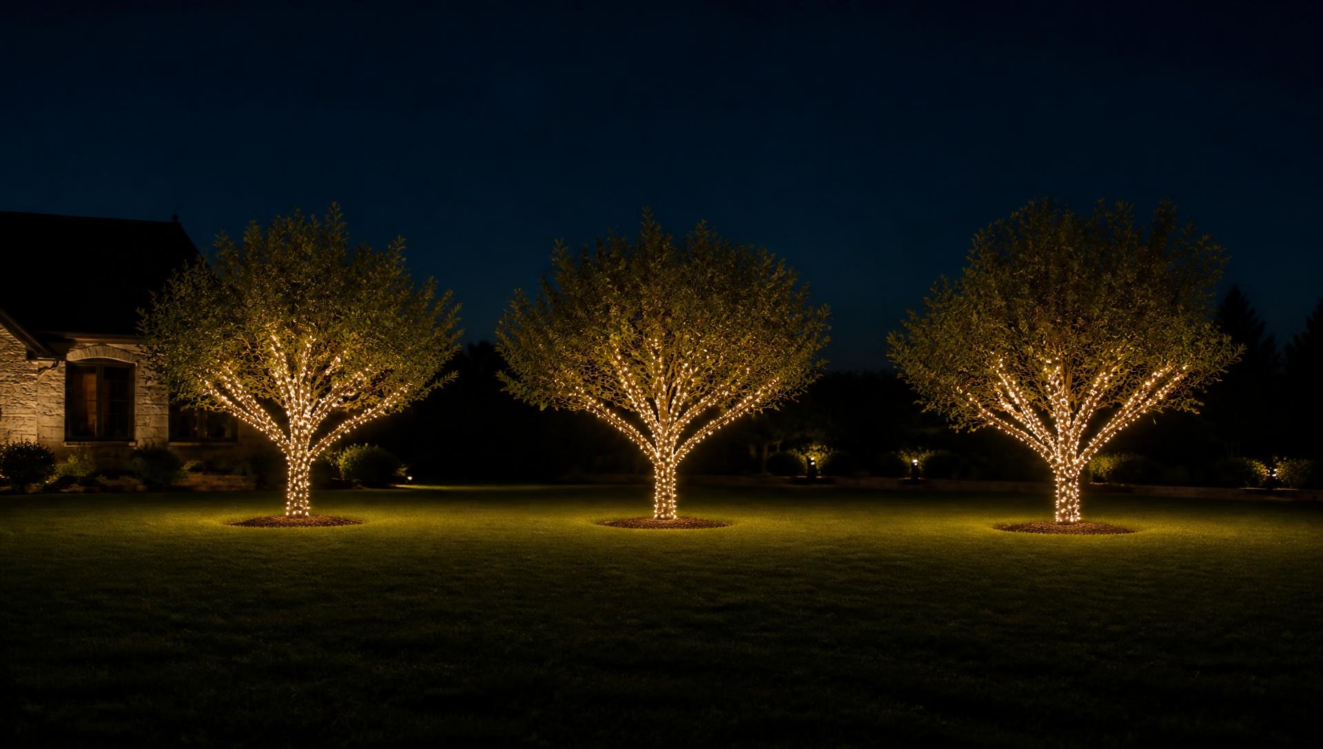 Ornamental estate trees evenly wrapped in warm white lighting