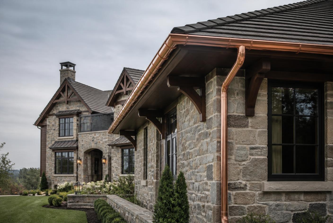 Clean copper gutters and roofline on a luxury stone estate home