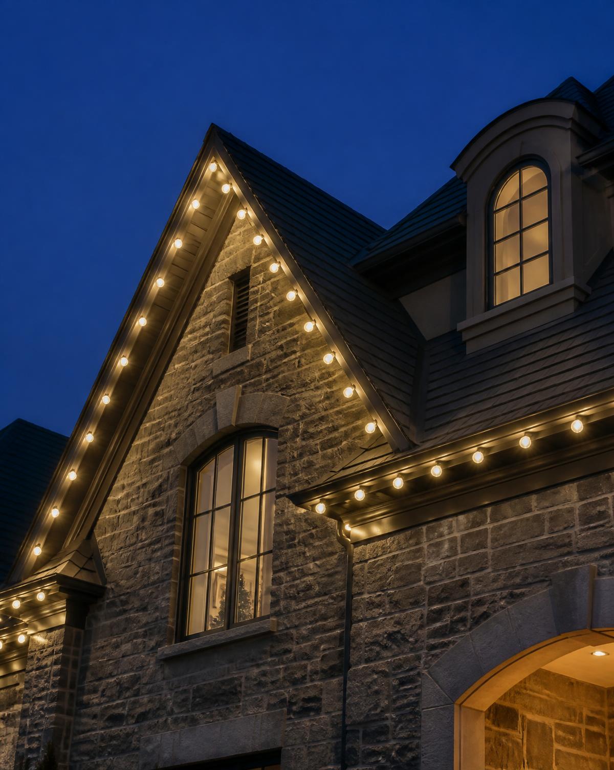 Custom-cut warm white lighting tracing a stone gable peak at dusk