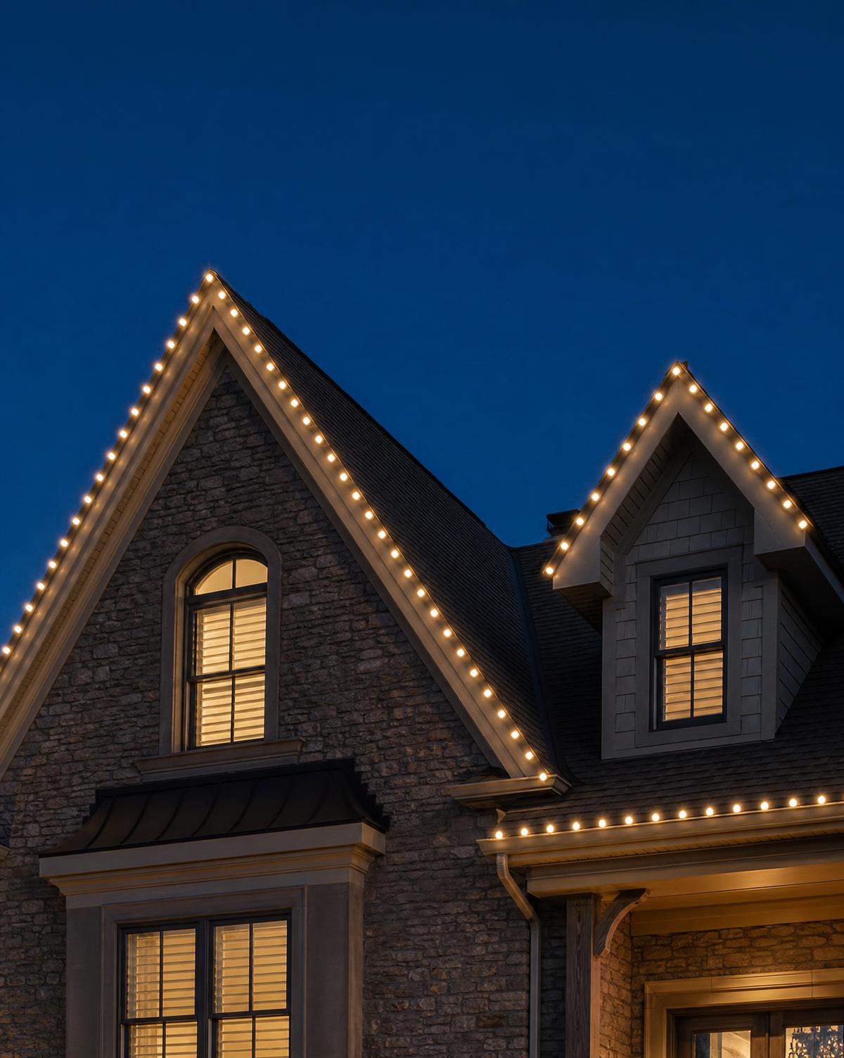 Custom-cut warm white lighting tracing a stone gable peak at dusk