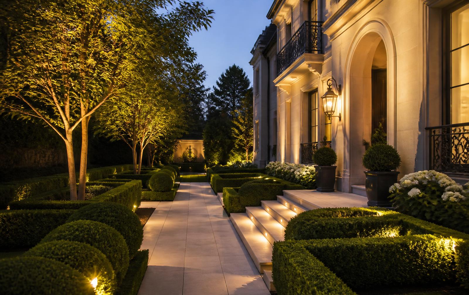 Illuminated walkway, bushes and landscaping