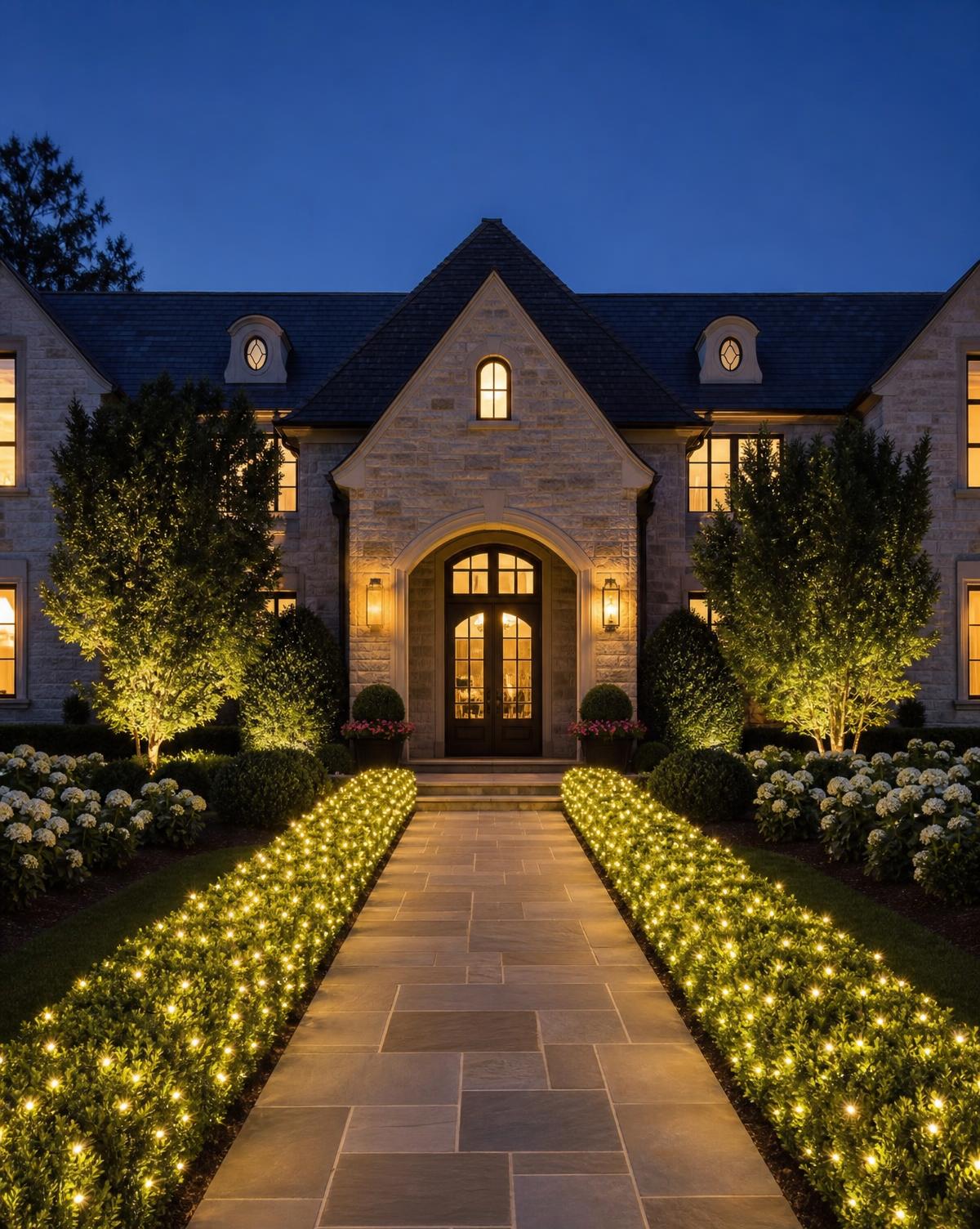 Illuminated walkway, bushes and landscaping